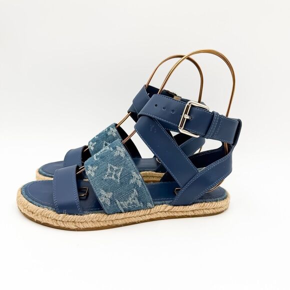 Louis Vuitton Monogram LV Denim Leather Sandals Espadrilles Flats Size 37, 7 - Picture 4 of 14